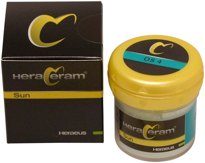 HeraCeram® Sun Opalschneide 20g - OS4 in Verpackung mit gelbem Deckel.