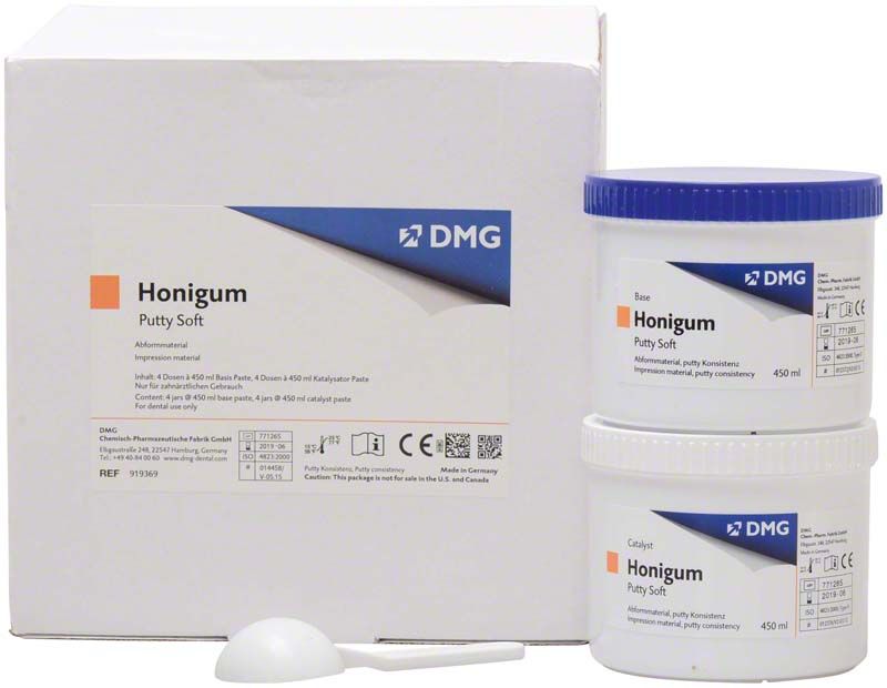 Honigum-Putty Soft Set mit Basis- und Katalysator-Dose, 450ml, DMG-Verpackung.