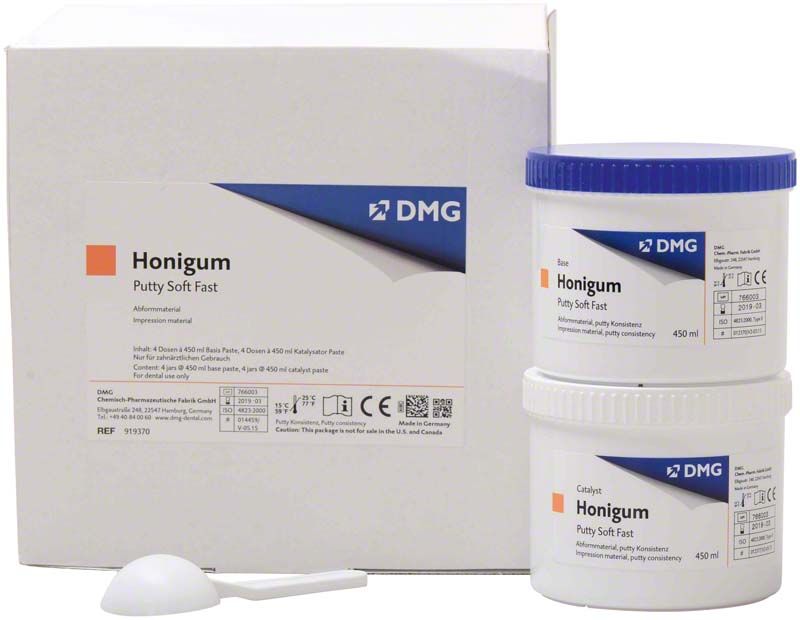 Honigum-Putty Soft Fast Dosen mit Verpackung und Messlöffel.