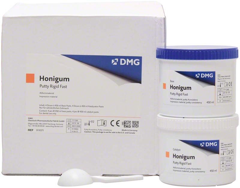 Honigum-Putty Rigid Fast 450ml Dose mit Verpackung und Messlöffel.