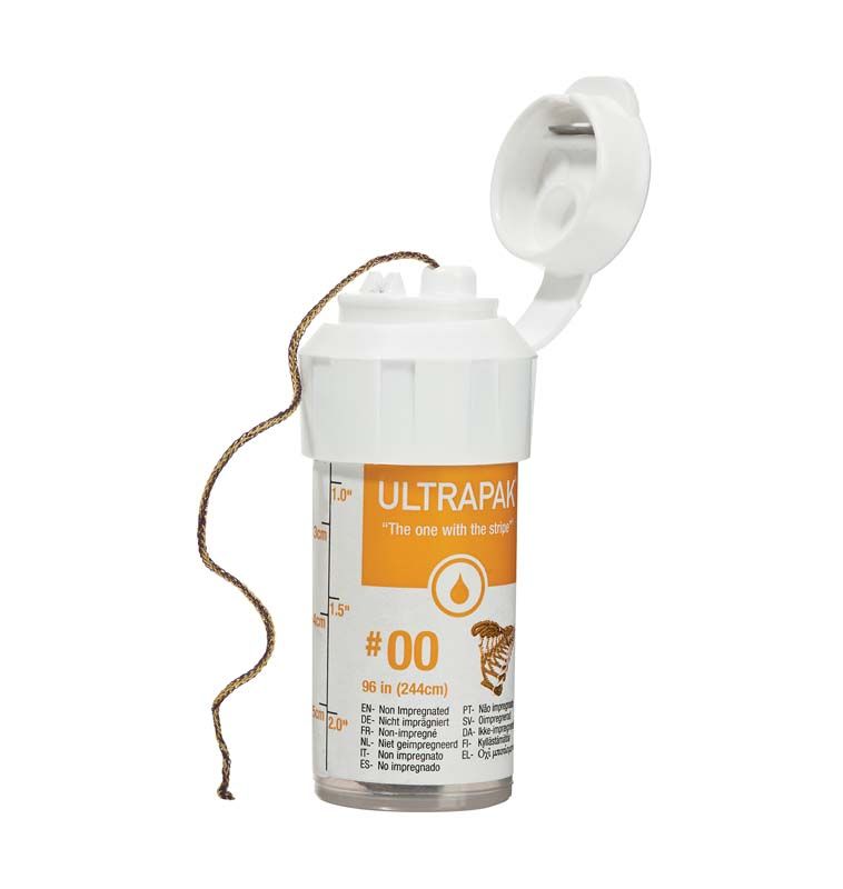 Ultrapak™-Retraktionsfaden Gr. 00 in Spenderdose mit geöffnetem Deckel.