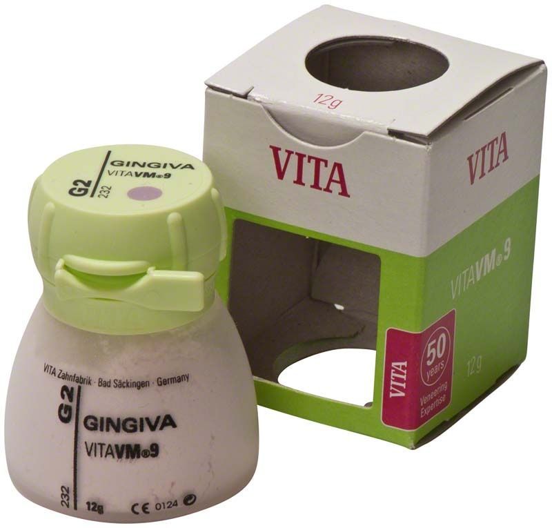 VM9 Gingiva 12g G2 Keramikpulver mit Verpackung von VITA Zahnfabrik.