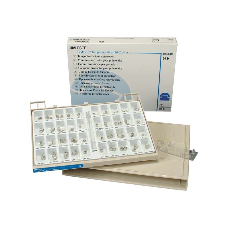 Iso-Form Kronen Intro Kit Prämolaren mit beschriftetem Verpackungskarton und Kronenfächern.