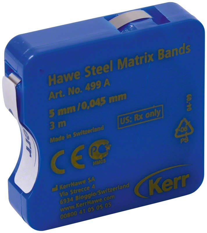Blaue Spenderdose mit Hawe™ Stahl-Matrizenbändern, 5 mm Breite, 3 m Länge.
