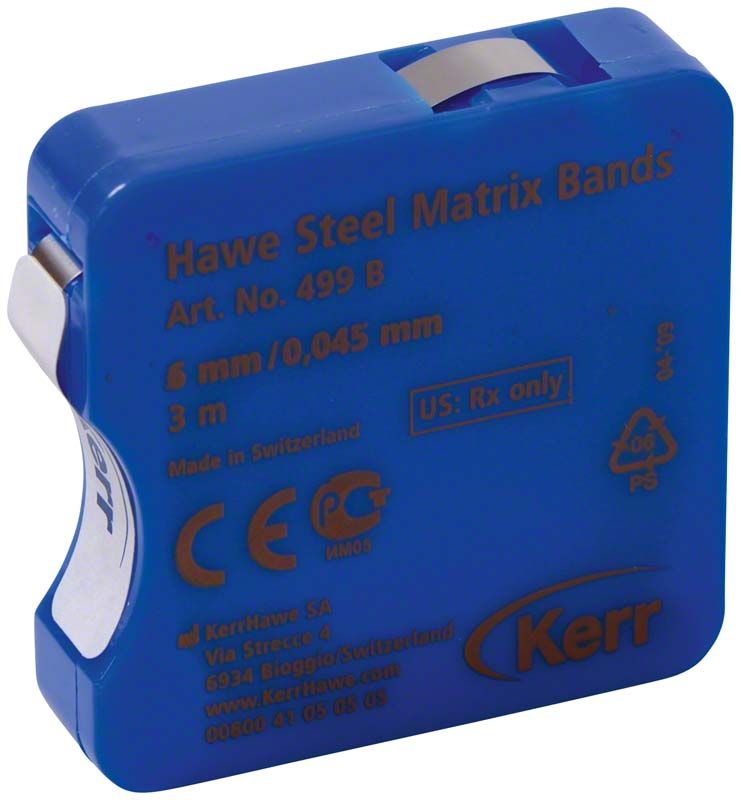 Hawe Stahl-Matrizenbänder in blauer Spenderdose mit Produktinformationen.