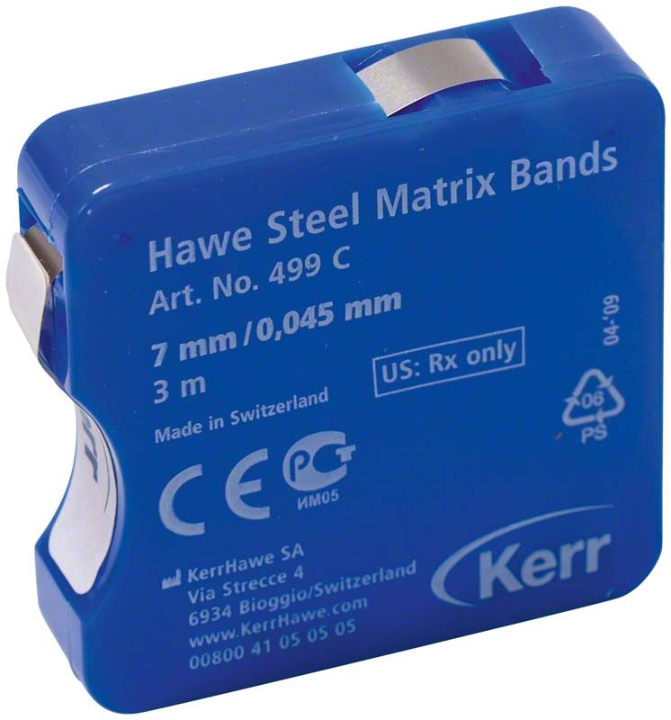 Blaue Spenderdose für Hawe™ Stahl-Matrizenbänder, 7 mm Breite, 3 m Länge.