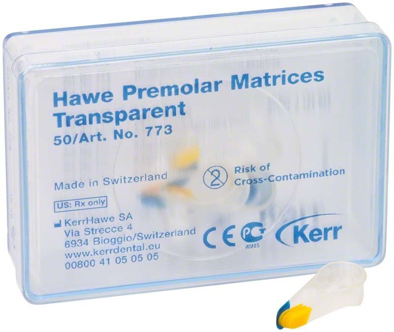 Transparente Hawe Matrizen für Prämolaren in Kunststoffbox, Kerr-Logo sichtbar.