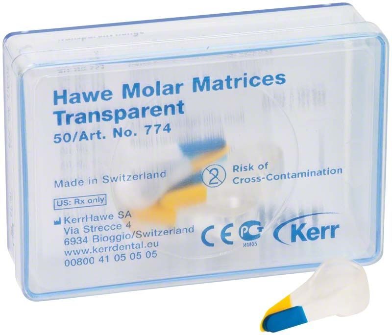 Hawe Transparent Matrizen für Molaren in Kunststoffverpackung mit blauem und gelbem Applikator.
