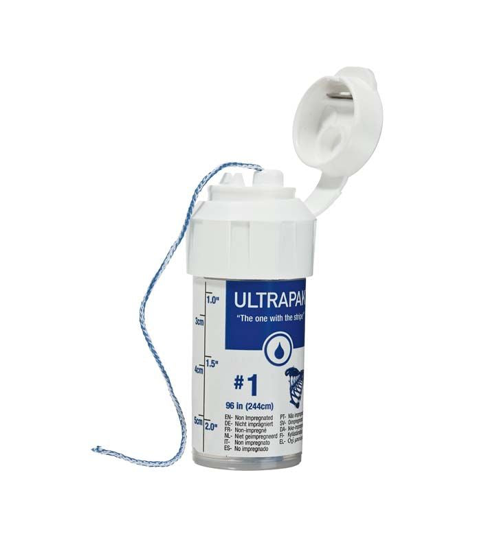 Ultrapak Cleancut Gr. 1 Retraktionsfaden in weißer Spenderdose mit blauem Etikett.
