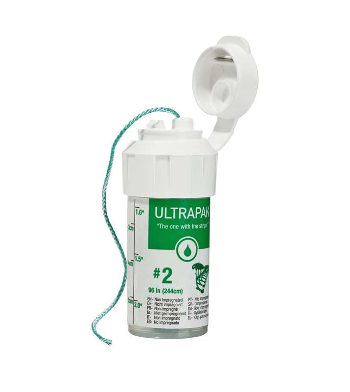 Ultrapak™-Retraktionsfaden Gr. 2 in Spenderdose mit grünem Etikett.