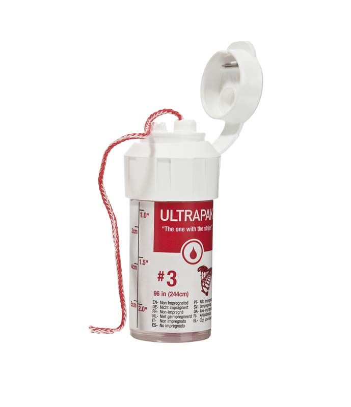 Ultrapak-Rektraktionsfaden Gr. 3 in Spenderdose mit rotem Etikett.