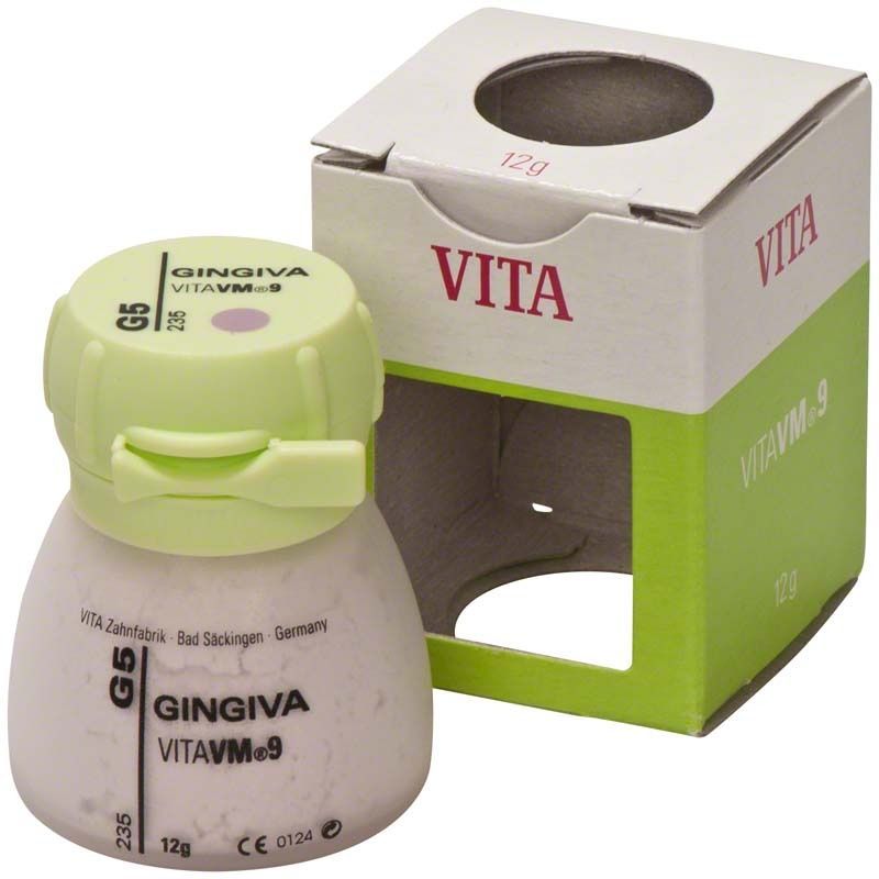 VM9 Gingiva 12g G5 Keramikpulver neben geöffneter Verpackung.