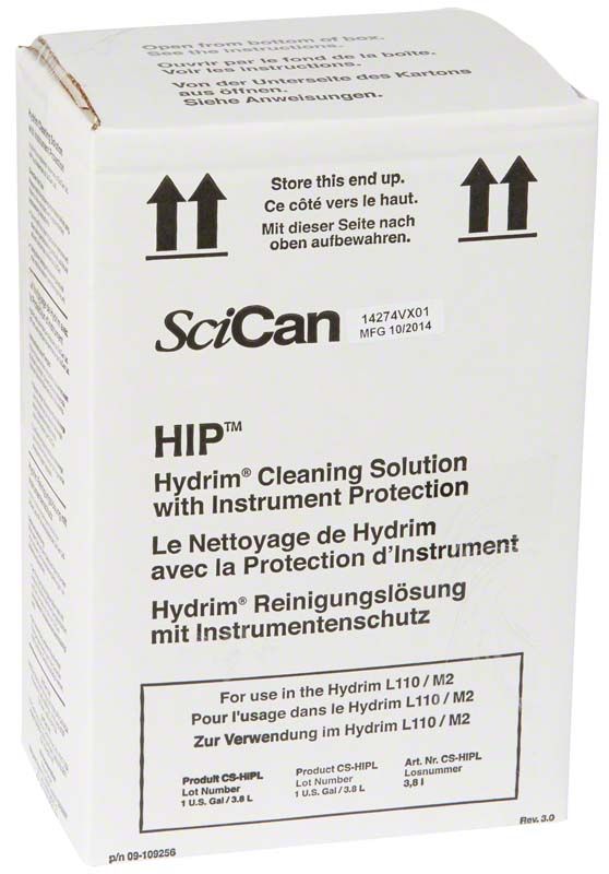 HYDRIM® HIP L110W Reinigungslösung Verpackung mit mehrsprachigem Etikett.