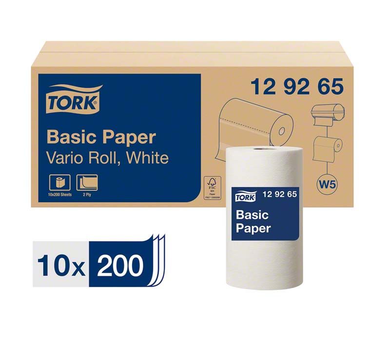 Tork Standard Papierwischtuch Kleinrolle vor Verpackung mit Produktdetails.