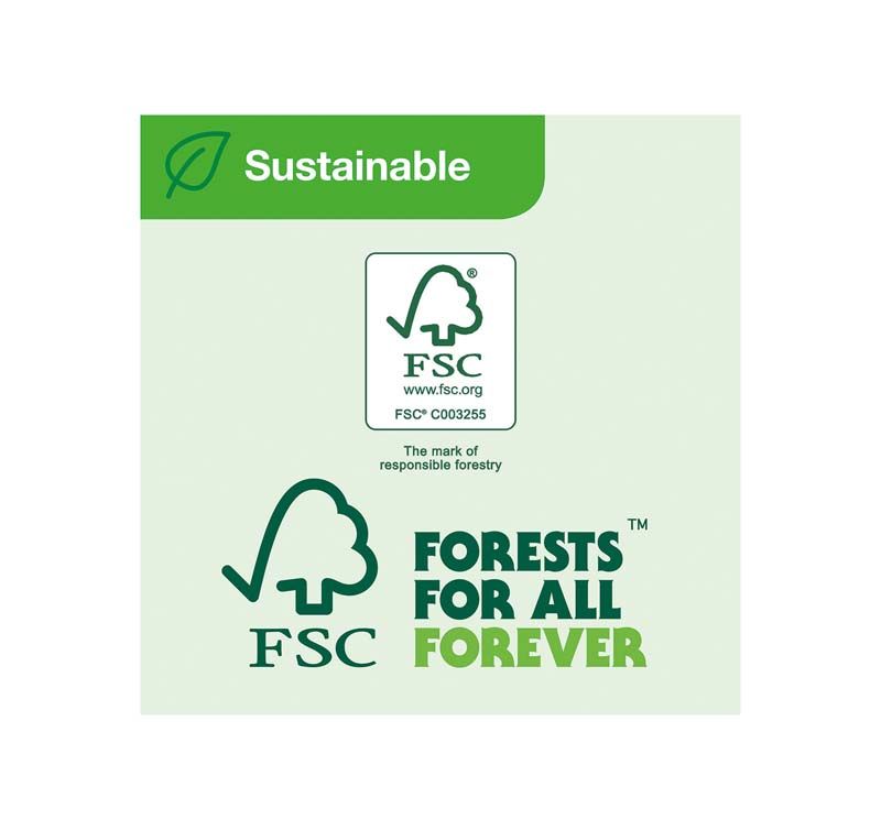 FSC-Logo mit grünem Nachhaltigkeitssymbol und Text "FORESTS FOR ALL FOREVER".