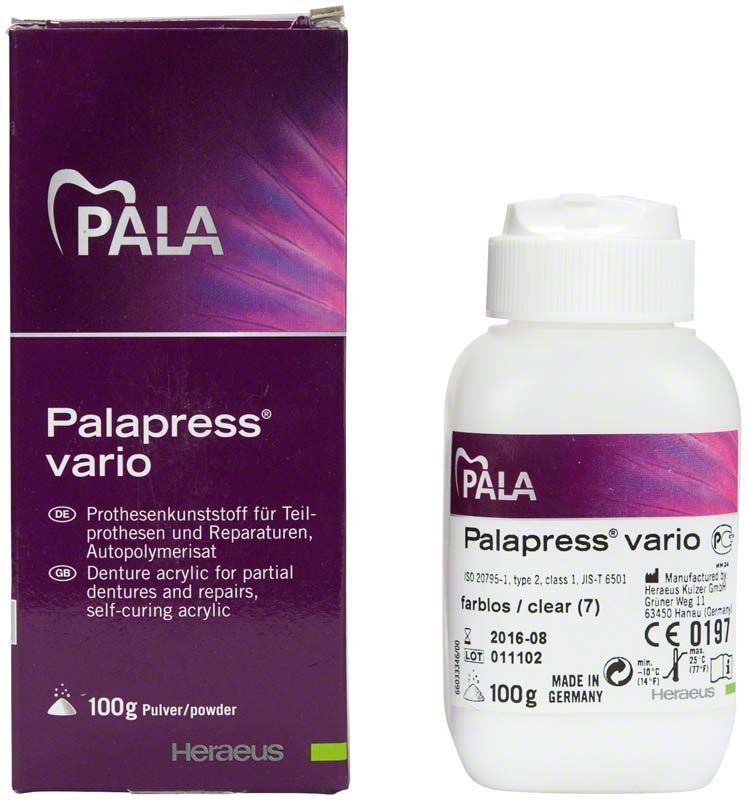 Palapress® vario Pulver 100g farblos neben Verpackung.