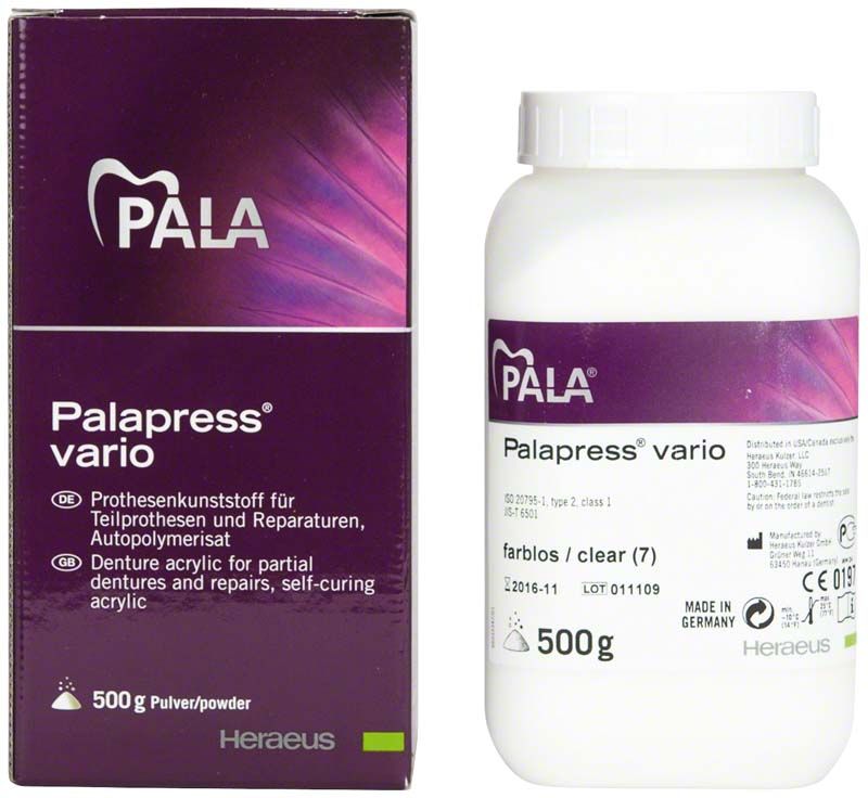 Palapress® vario Pulver 500g farblos Verpackung und Flasche.