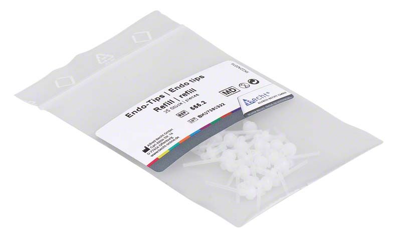 Wiederverschließbare Verpackung mit Perma Evolution Endo-Tips, sichtbar durch transparentes Material.