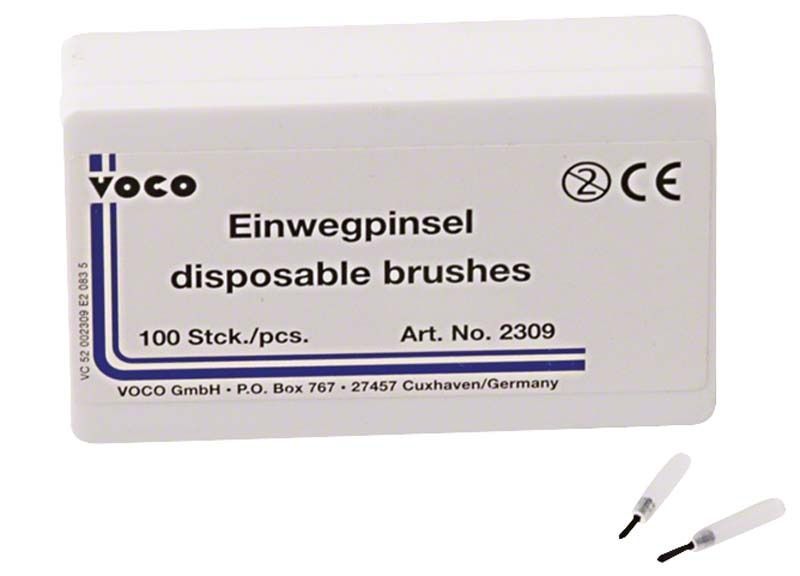 Packung mit 100 Einwegpinseln von Voco für zahnmedizinische Anwendungen.