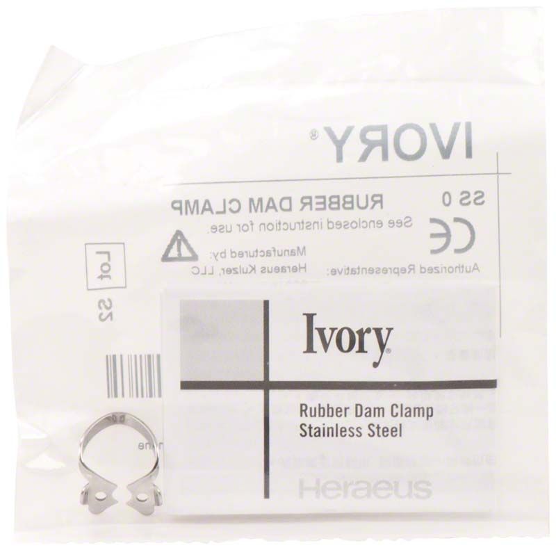 Ivory Kofferdamklammer Figur 0 aus Edelstahl in Verpackung.