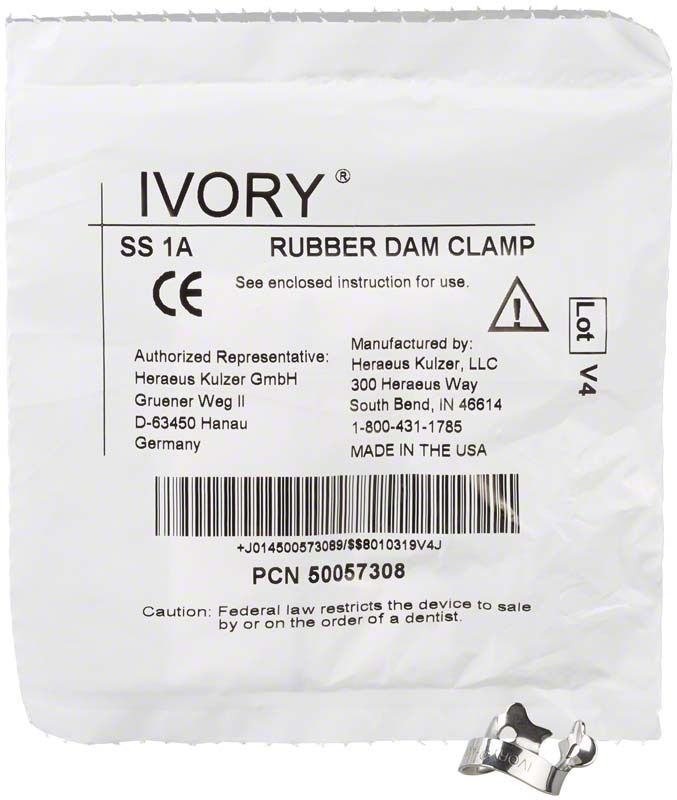 Ivory Kofferdamklammer SS 1A für Prämolaren und Frontzähne auf Verpackung.