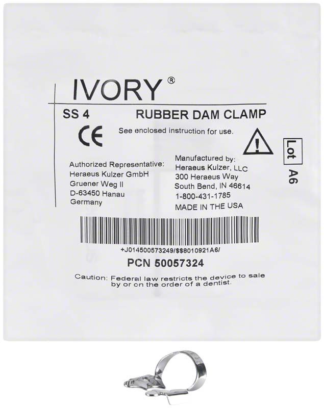 Ivory® Kofferdamklammer Figur SS 4 für kleine OK Molaren, Verpackungsvorderseite.