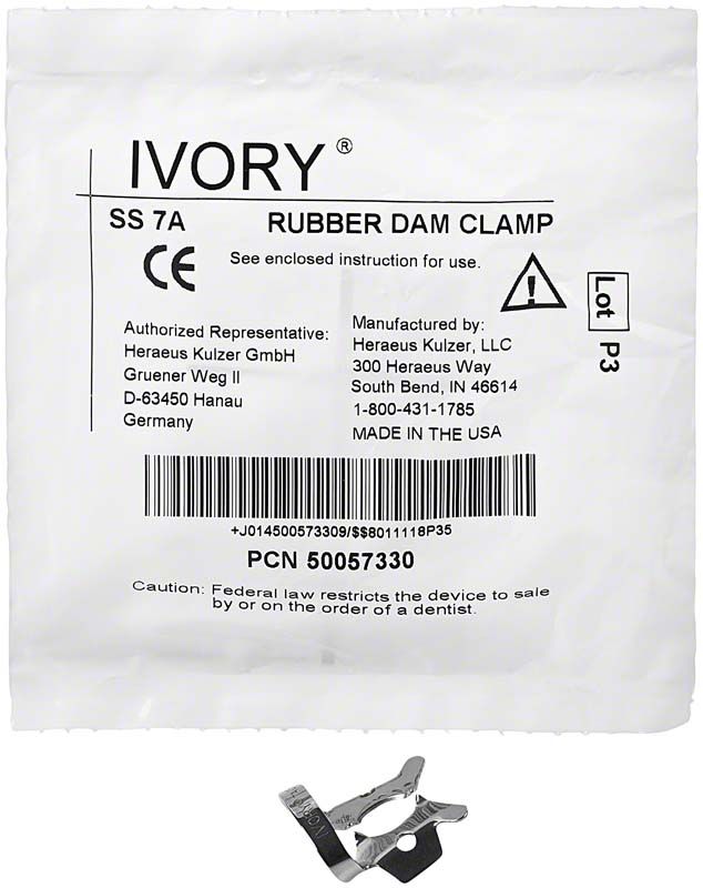 Ivory Kofferdamklammer Figur SS 7A für große UK Molaren in Verpackung.