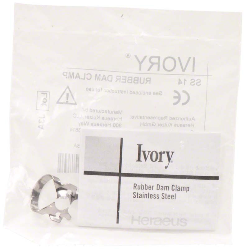 Ivory Kofferdamklammer Figur 14 aus Edelstahl in Verpackung.