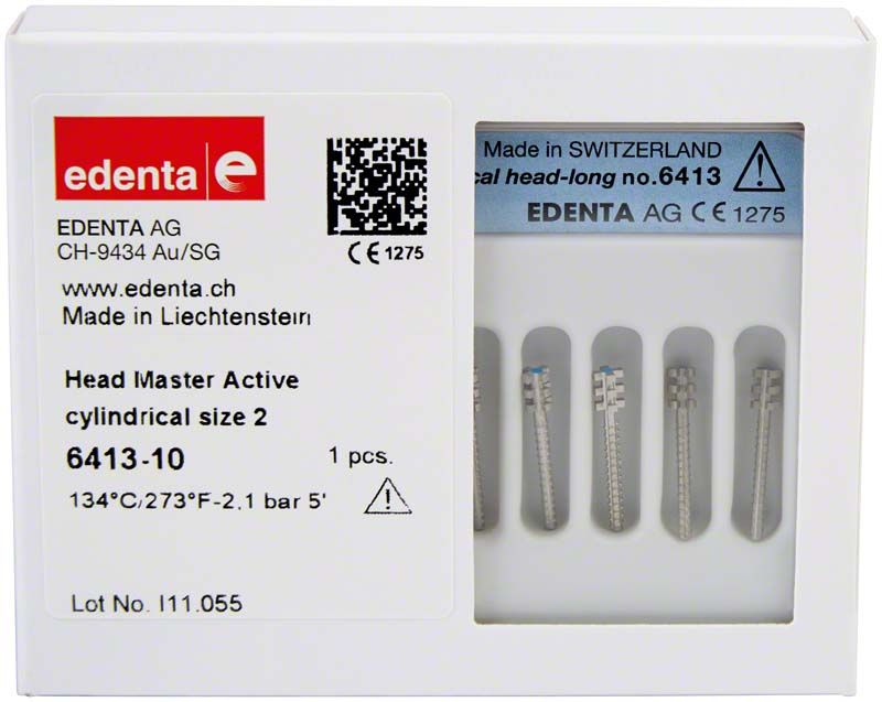 Verpackung von Head Master Active zylindrisch Refill Gr.2 mit sechs Zahnarztbohrern.
