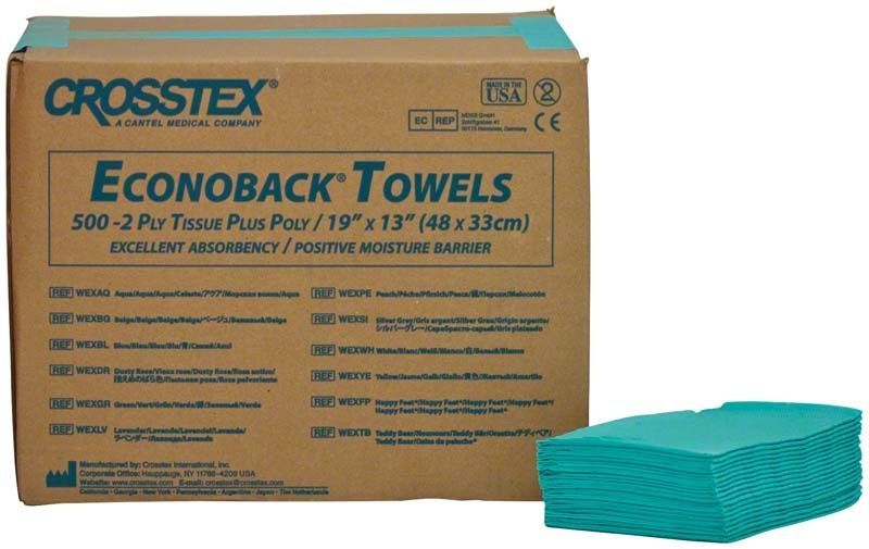 Crosstex Patientenservietten aqua neben Originalverpackung mit Produktinformationen.