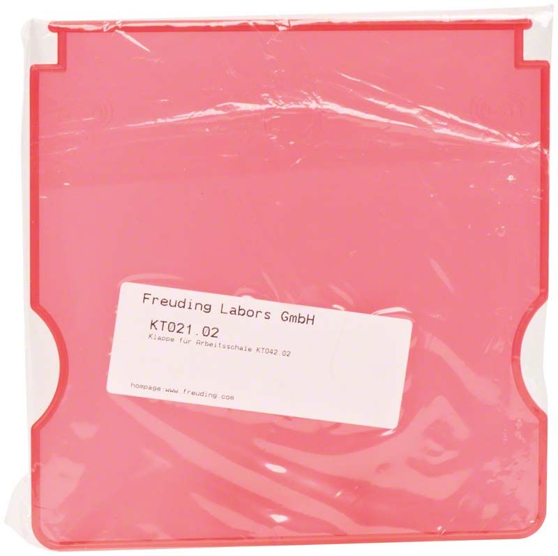 Rote Klappe für Arbeitsschalen mit Herstelleretikett.