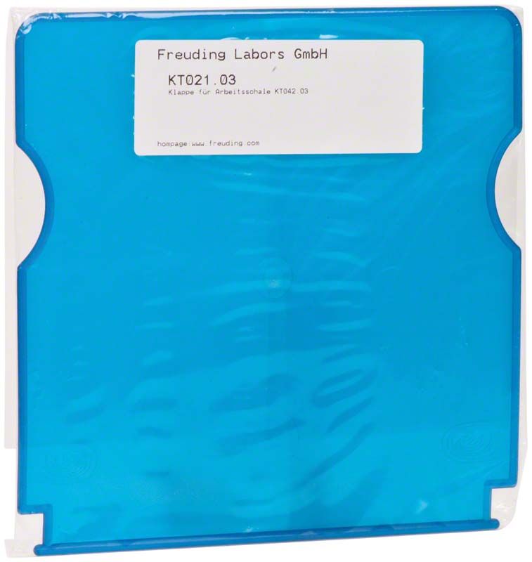 Klappe für Arbeitsschalen in nachtblauer Farbe mit Etikett.