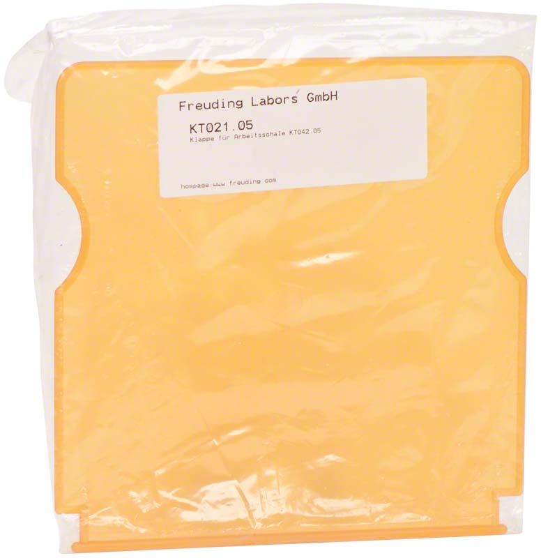 Klappe für Arbeitsschalen in Mangofarbe, verpackt in Kunststofffolie.