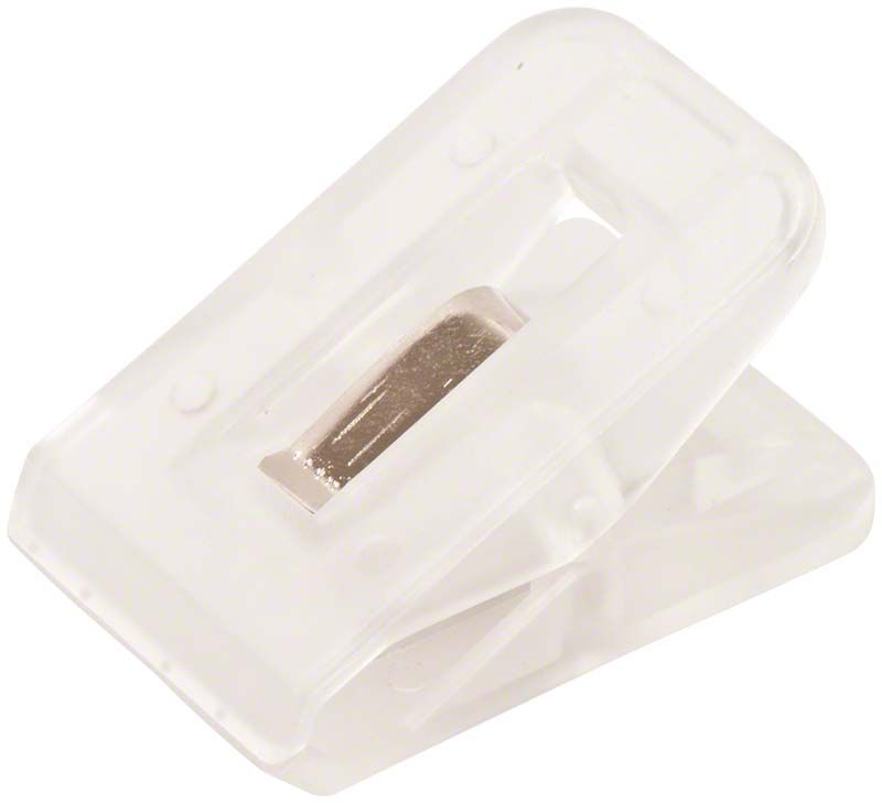 Klammer für Arbeitsschalen aus klarem Kunststoff.