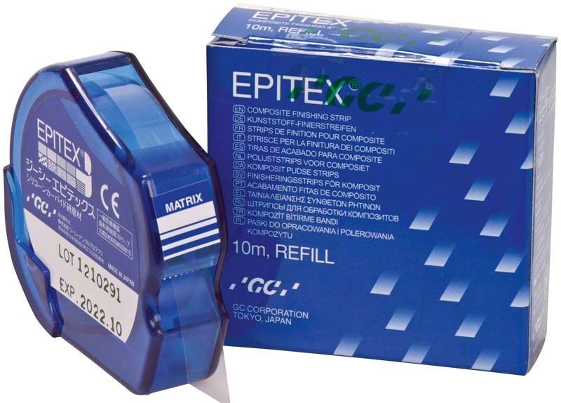 Epitex Matrizenband Finierstreifen Verpackung und Spender in Blau.