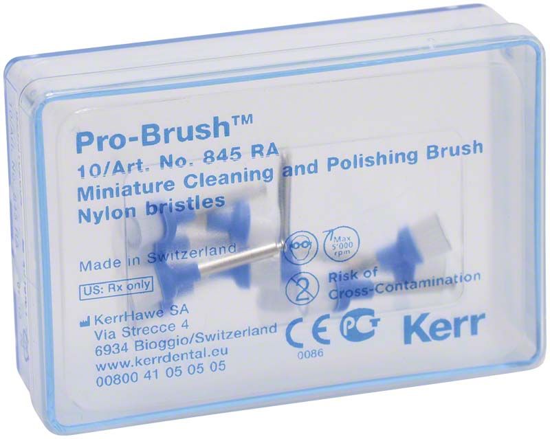 Pro-Brush™ Prophy Bürsten 10er Pack mit Nylonborsten in Kunststoffbox.