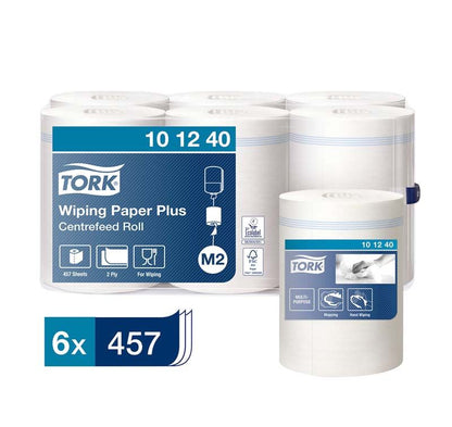 Sechs Tork Mehrzweck-Papierwischtücher M2 in blauer Verpackung mit Produktdetails.