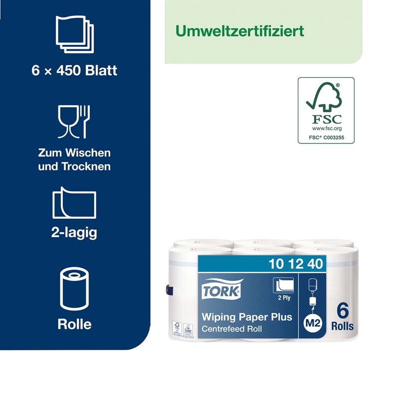 6 Tork Wiping Paper Plus Rollen in blauer Verpackung mit FSC-Zertifizierung.
