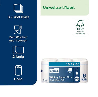 6 Tork Wiping Paper Plus Rollen in blauer Verpackung mit FSC-Zertifizierung.