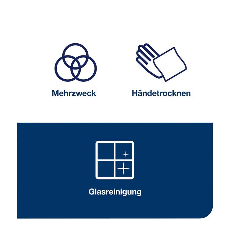 Mehrzweck-Symbole für Hände trocknen und Glasreinigung auf blauem Hintergrund.