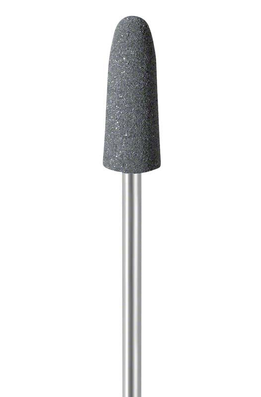 Dentaler Schleifaufsatz mit grauer, konischer Spitze auf Metallstift.