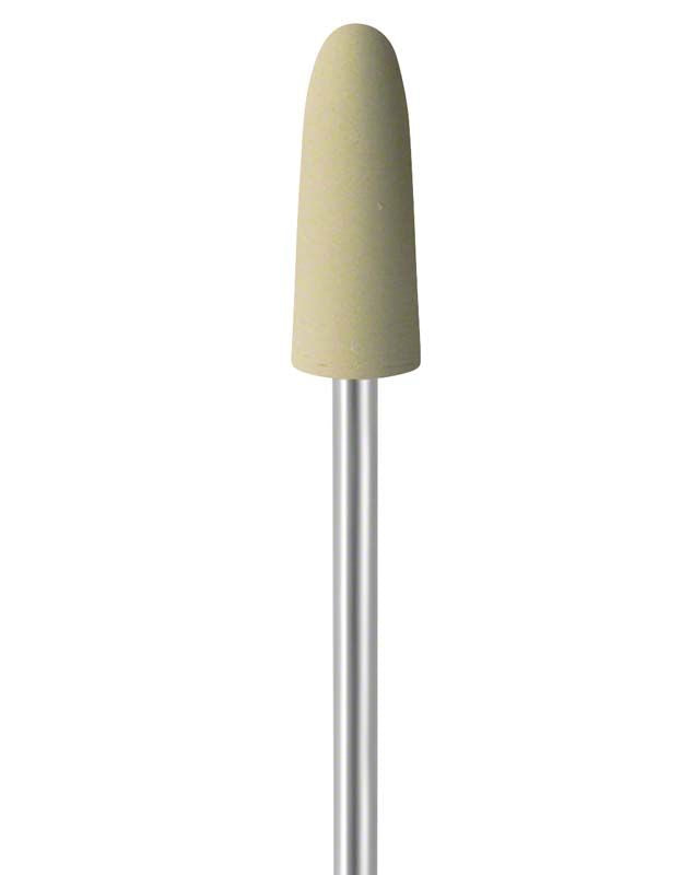 Gummi-Polieraufsatz für Dentalbohrer, beige, auf Metallstift.