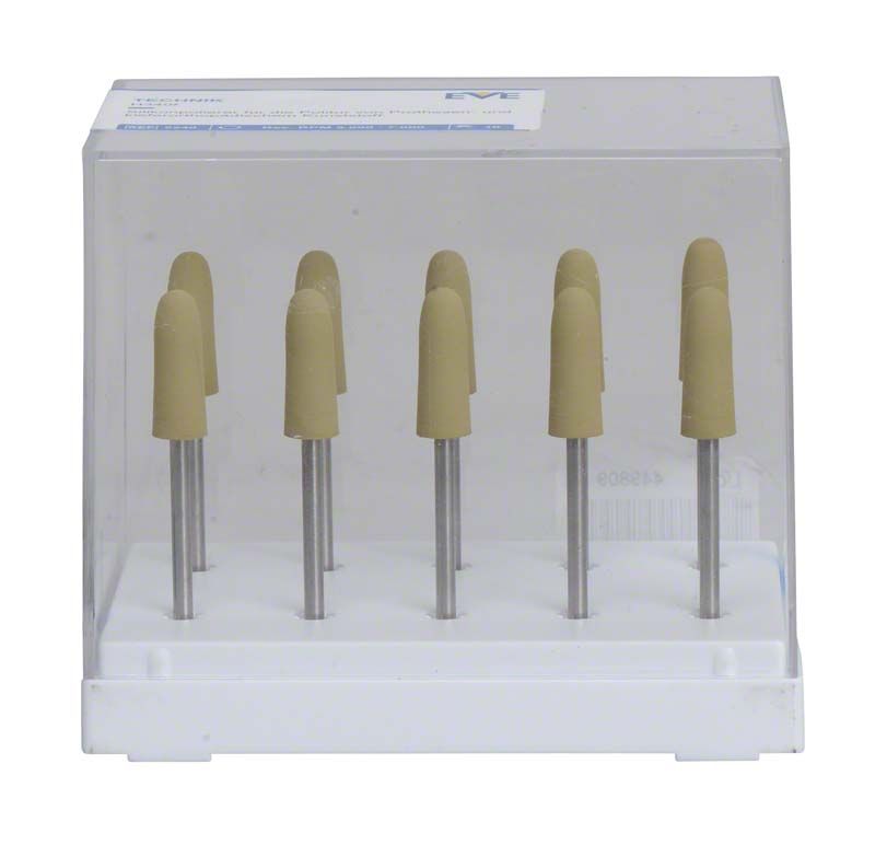 Beige Gummi-Polieraufsätze auf Metallstiften in transparenter Halterung.