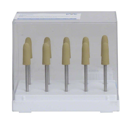 Beige Gummi-Polieraufsätze auf Metallstiften in transparenter Halterung.