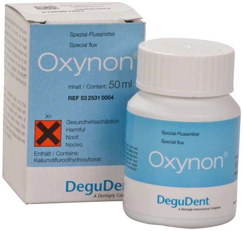 Oxynon® Spezial-Flussmittel von DeguDent in 50 ml Flasche mit Verpackung.