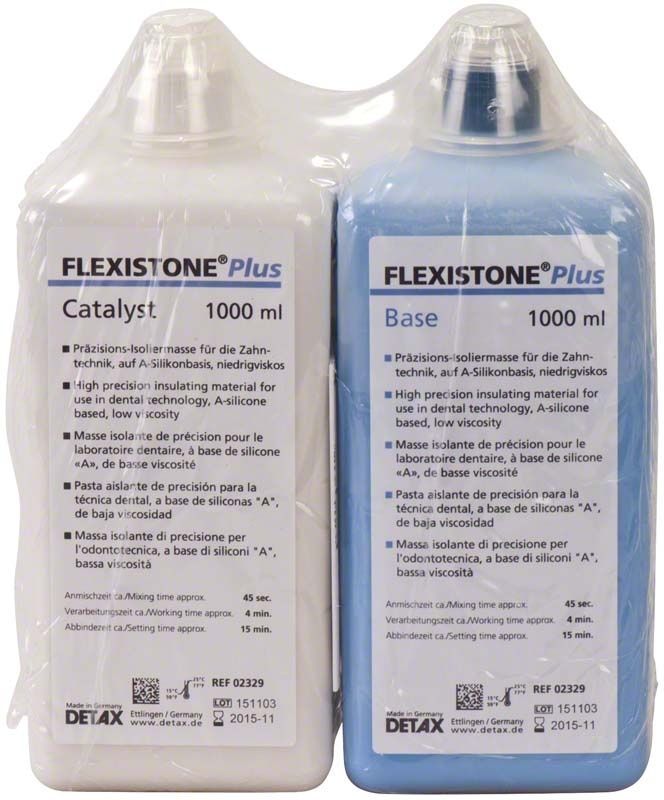 Zwei Flaschen FLEXISTONE® Plus Modellierkunststoff, Katalysator und Basis, je 1000 ml.