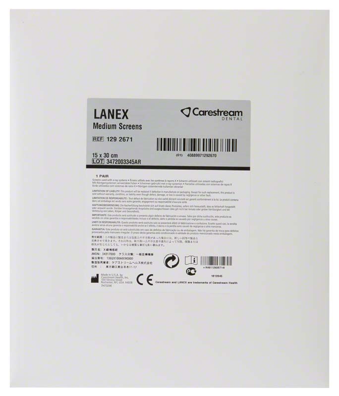 Kodak Lanex Folie Medium 15 x 30 cm mit Carestream-Logo und Produktinformationen.