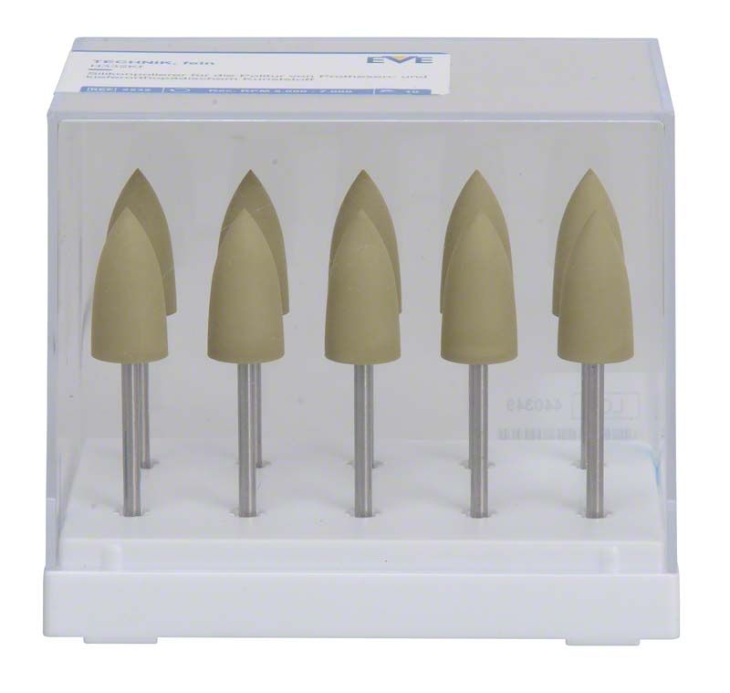 Silikonpolierer mit konischer Spitze und Metallgriff in transparenter Box.