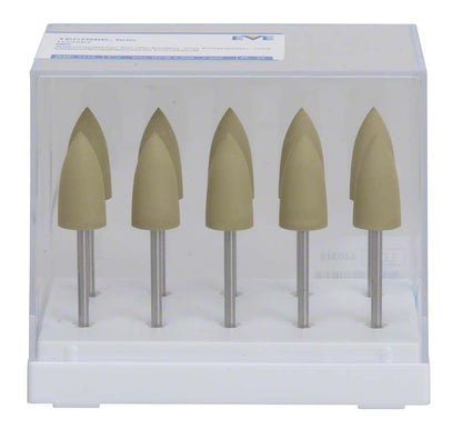 Silikonpolierer mit konischer Spitze und Metallgriff in transparenter Box.