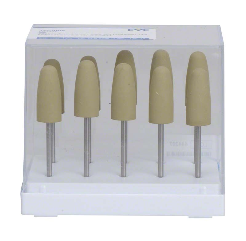 Zehn feine Siliziumcarbid-Polierer in transparenter Verpackung für Dentalanwendungen.